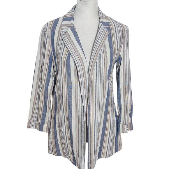 Have Blue and Tan Linen Blazer Size Small Women's Linen Stripe Open Blazer - Picture 1 of 9